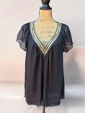 Black V-Neck Embellished Sheer Women’s Top